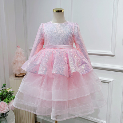 儿童礼服2025新款秋季粉色长袖亮片蛋糕裙生日女童公主裙主持表演