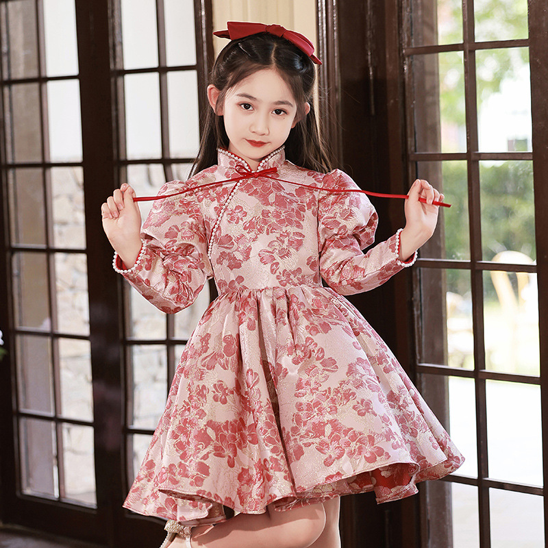 儿童礼服花色新款长袖主持人女孩生日party公主裙钢琴演奏