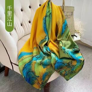 110×110大方巾秋叶树丽锦锻印花丝巾头巾跨境scarf 新款