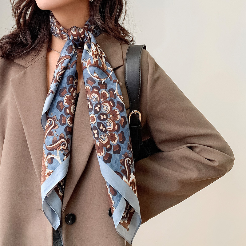 2025秋季新款90大方巾女优雅韩版斜纹绸时尚花卉印花丝巾装饰领巾