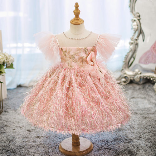 一周岁礼服女宝宝粉色欧美羽毛蓬蓬裙儿童公主裙Girl dress