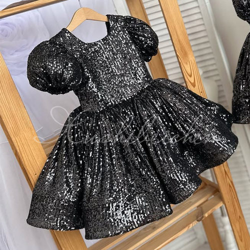 泡泡袖女童礼服2026跨境新款黑色亮片中小童公主裙Princess Dress