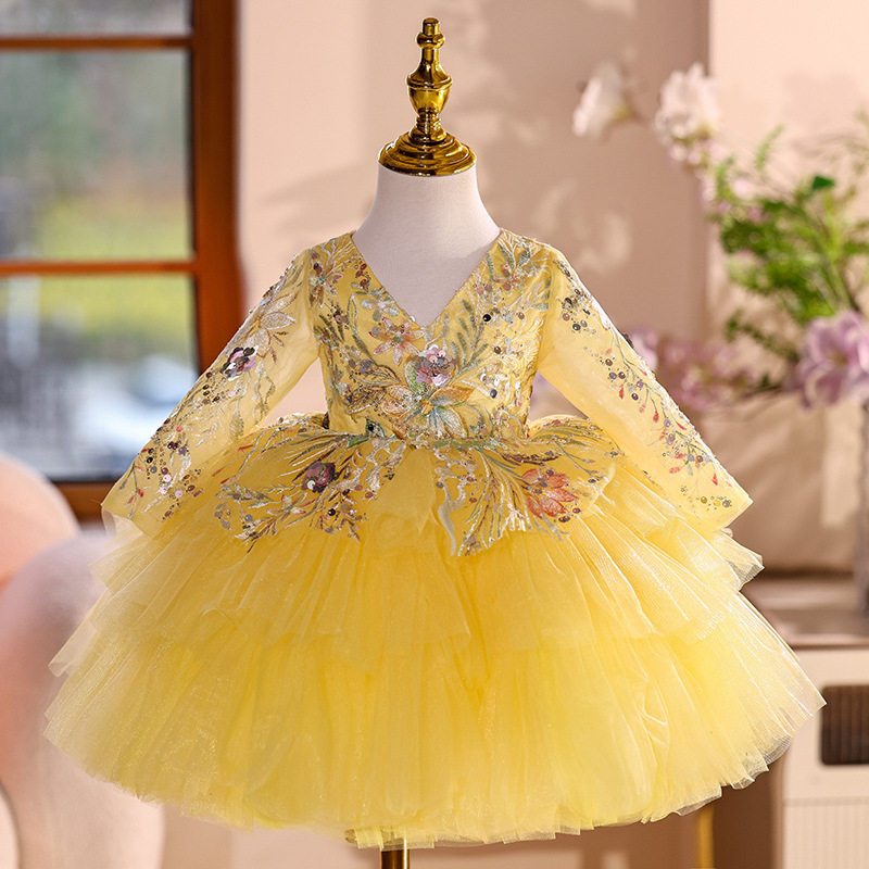 女童黄色礼服2025新款夏季花童婚纱儿童走秀钢琴演奏演出服蓬蓬裙