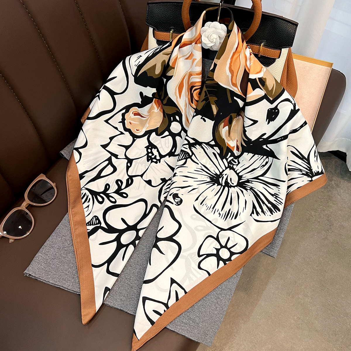 新款小众复古玫瑰90cm大方巾女2025春秋冬季新款丝巾装饰百搭领巾