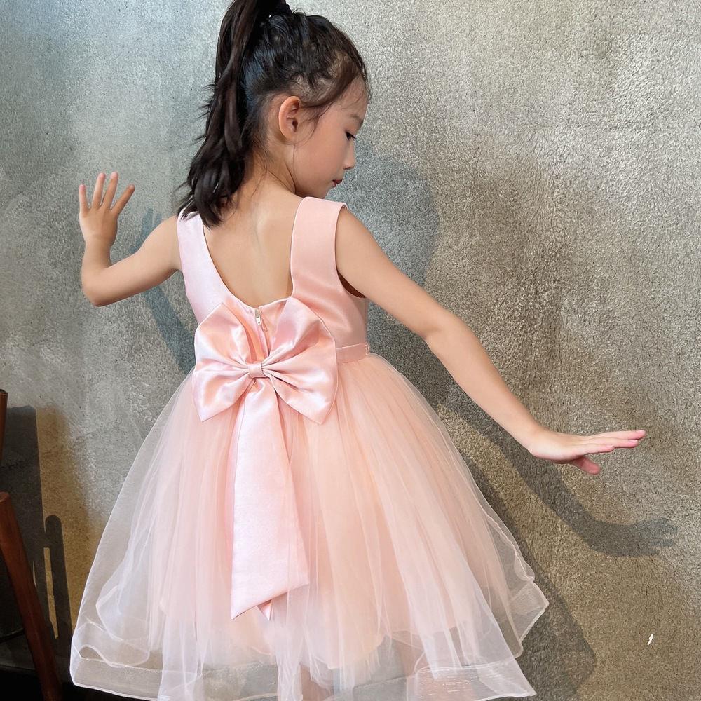 欧美粉色儿童礼服2025新款蝴蝶结演出服主持人钢琴演出礼服