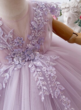 紫色公主裙女童设计感甜美可爱贴花宝宝一周岁礼服princess dress