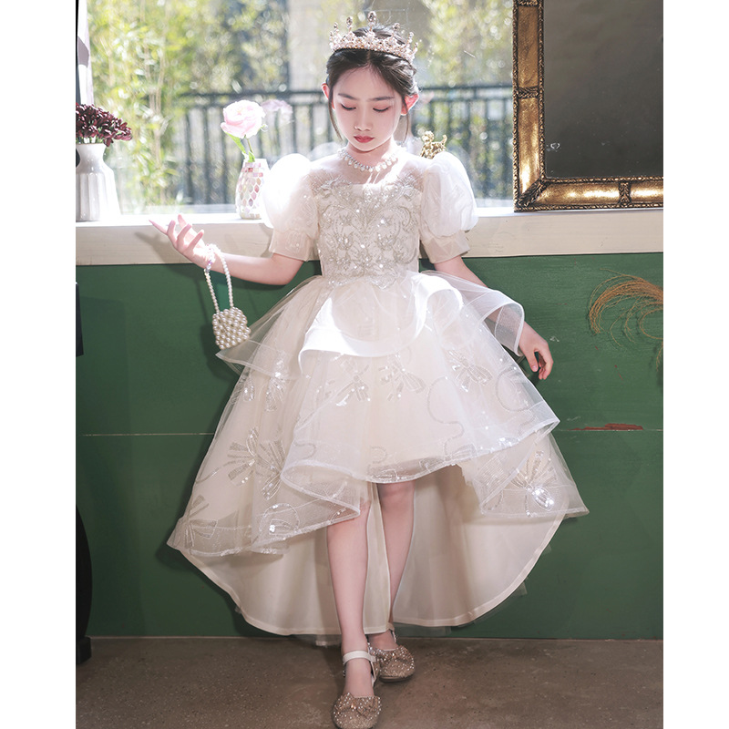 女童主持人礼服儿童钢琴演奏演出服拖尾花童婚礼小女孩婚纱秋
