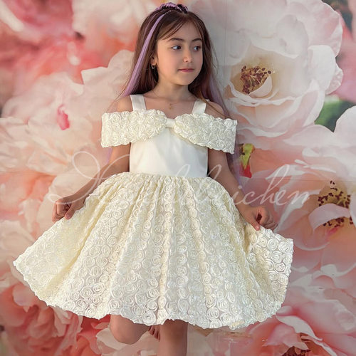 跨境公主裙女童2026夏新款一字肩吊带花朵儿童礼服Princess Dress