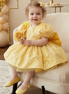 黄色亮片泡泡袖公主裙女童模特走秀儿童一周岁礼服princess dress