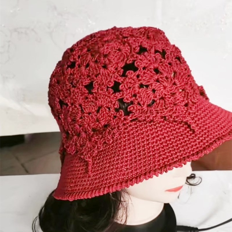 镂空花朵芙蓉花钩花包头帽透气针织渔夫帽休闲遮阳沙滩帽材料包