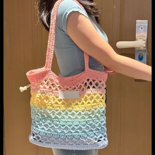 手工编织成品自制手工彩虹冰块镂空华夫格夏日单肩网兜材料