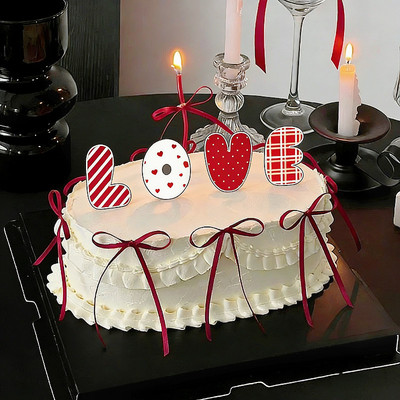 2.14情人节LOVE亚克力蛋糕装饰插件网红情侣表白丝带曲线蜡烛摆件