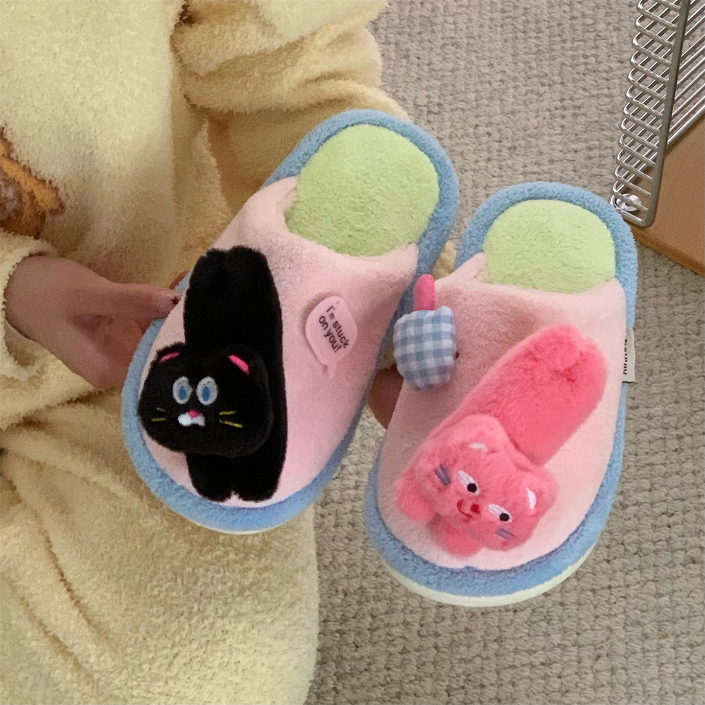 细细条个性可爱小猫棉拖鞋男女