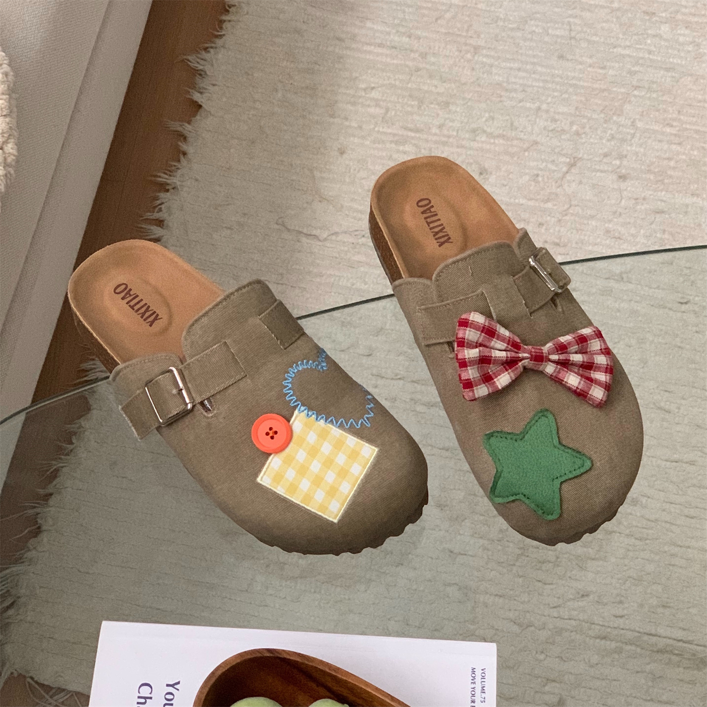 细细条复古ins格子蝴蝶结勃肯鞋