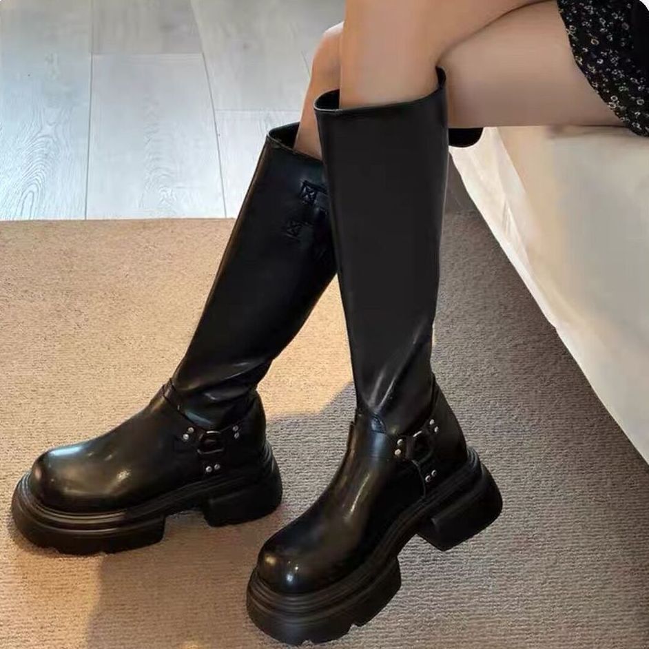 高级感炸街长靴女2024秋冬加绒黑色厚底骑士靴显瘦长筒靴子