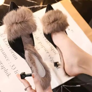 毛毛高跟单鞋女冬外穿加绒2024新款尖头半拖网红冬天拖鞋ins中跟