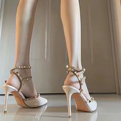 柳丁凉鞋 铆钉高跟鞋 女 2024年春夏新款 大码 女细跟尖头裸色法式 单鞋