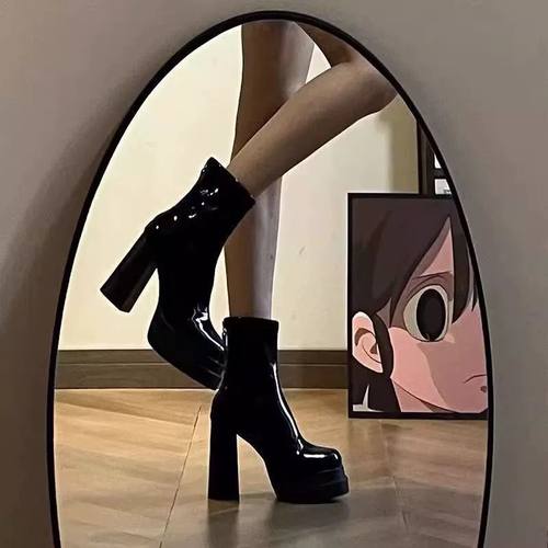 黑色高跟靴女款秋冬季粗跟厚底短靴超高跟防水台小踝靴弹力瘦瘦靴