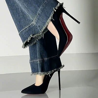 黑色红底高跟鞋女细跟春夏2025新款气质性感尖头通勤绒面职业单鞋