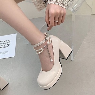配裙子单鞋 小皮鞋 女防水台不累脚9cm粗跟小个子法式 玛丽珍高跟鞋