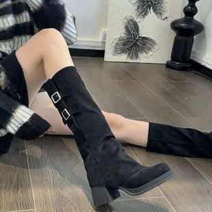 黑色可拆卸两穿长筒靴厚底小个子增高靴子女秋冬长靴加绒粗跟短靴