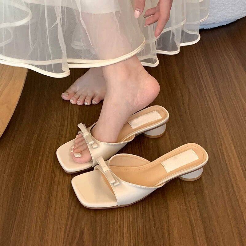 法式蝴蝶结凉拖鞋女夏外穿2025新款仙女风一字拖气质绝美高跟凉鞋