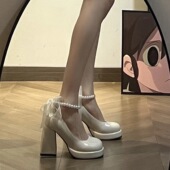 玛丽珍高跟鞋 圆头珍珠白色漆皮粗跟单鞋 女2024春秋新款 小个子法式