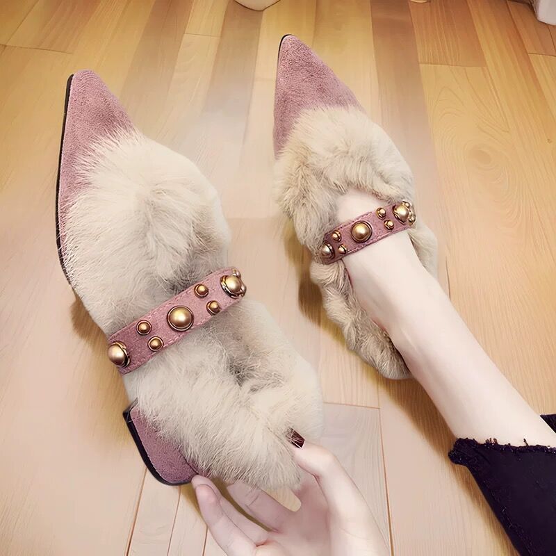 小香风毛毛鞋女2025新款尖头粗跟职业通勤高级感韩系洋气豆豆鞋潮