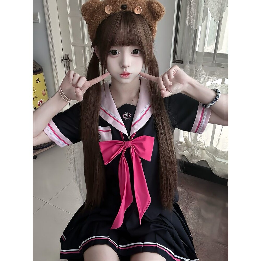 【瑾熏女子】jk原创玫红水手服日系学院风校供JK制服百褶裙套装女