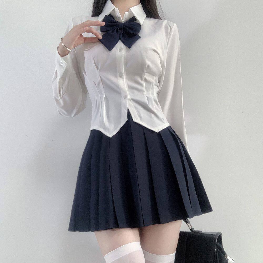 jk收腰衬衫纯欲风性感小个子长袖白色弹力内搭衬衫衬衫百褶裙套装