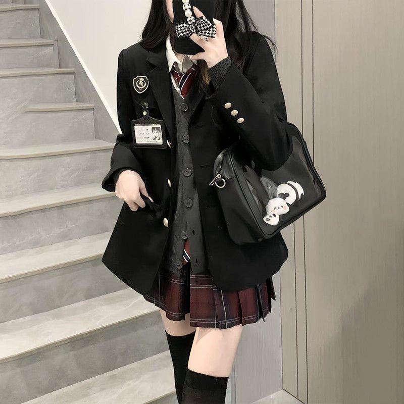 原创jk制服套装女秋冬款正版学院风校供格裙子针织开衫叠穿一整套