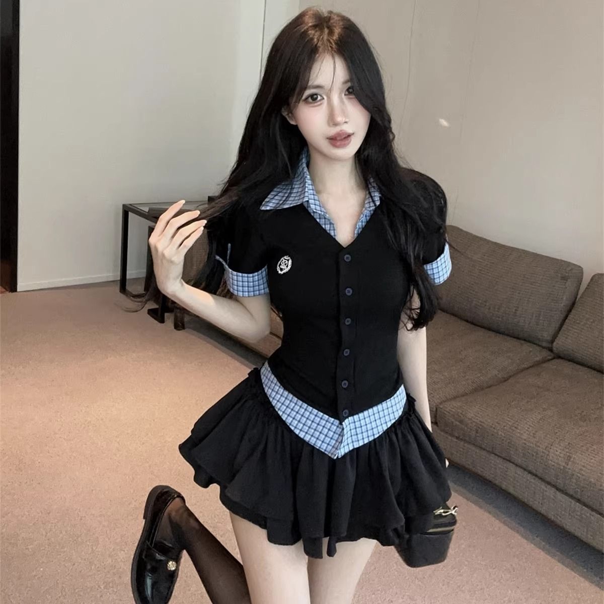甜辣学院风jk制服辣妹修身假两件短袖上衣蓬蓬半身裙时尚套装女夏