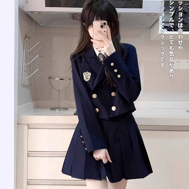 原创jk西装套装英伦学院风韩式黑色制服百褶裙双排扣短款西服外套