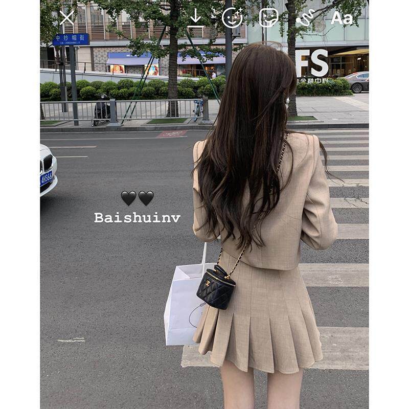 2023新款短款西装外套长袖上衣洋气套装+高腰百褶裙JK短裙半身裙