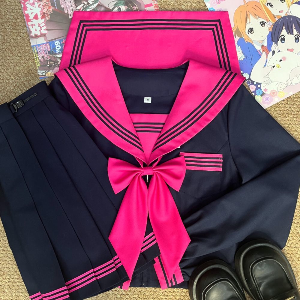 知半城水手服jk制服裙原创正版玫红三本基础款日系学院风短裙套装