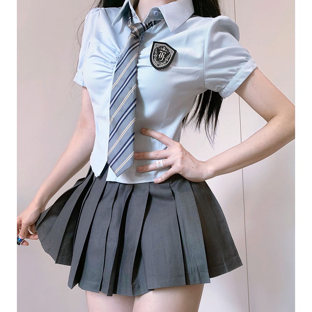织野鹿jk学院风收腰修身显瘦日系辣妹纯欲风校供感蓝衬衫制服套装