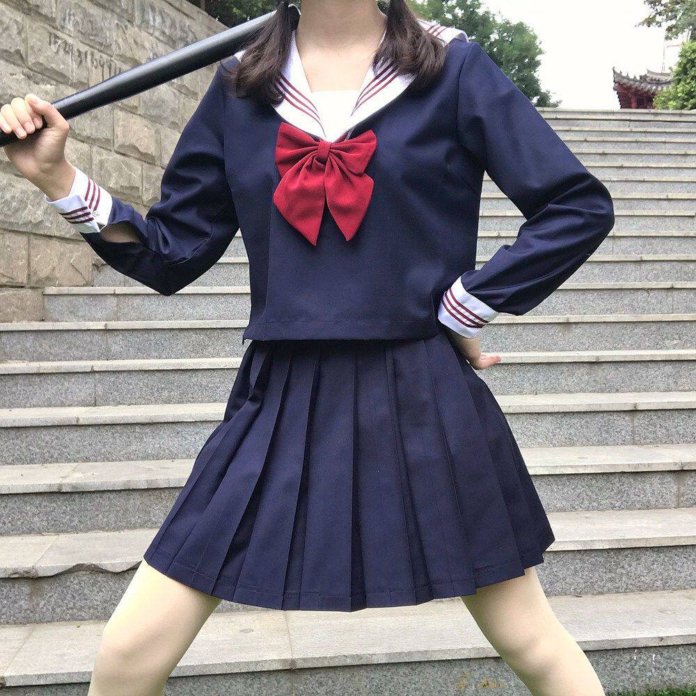 正统JK制服裙正版 深藏蓝赤红三本长短袖关西襟水手服中间服/夏服