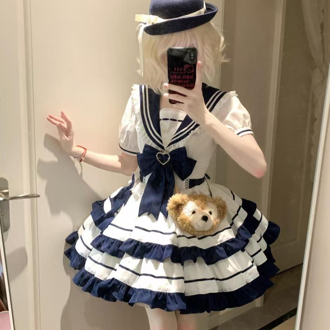 学院风可爱夏日海军风绀色水蓝色青春元气少女JK蛋糕裙洋装连衣裙