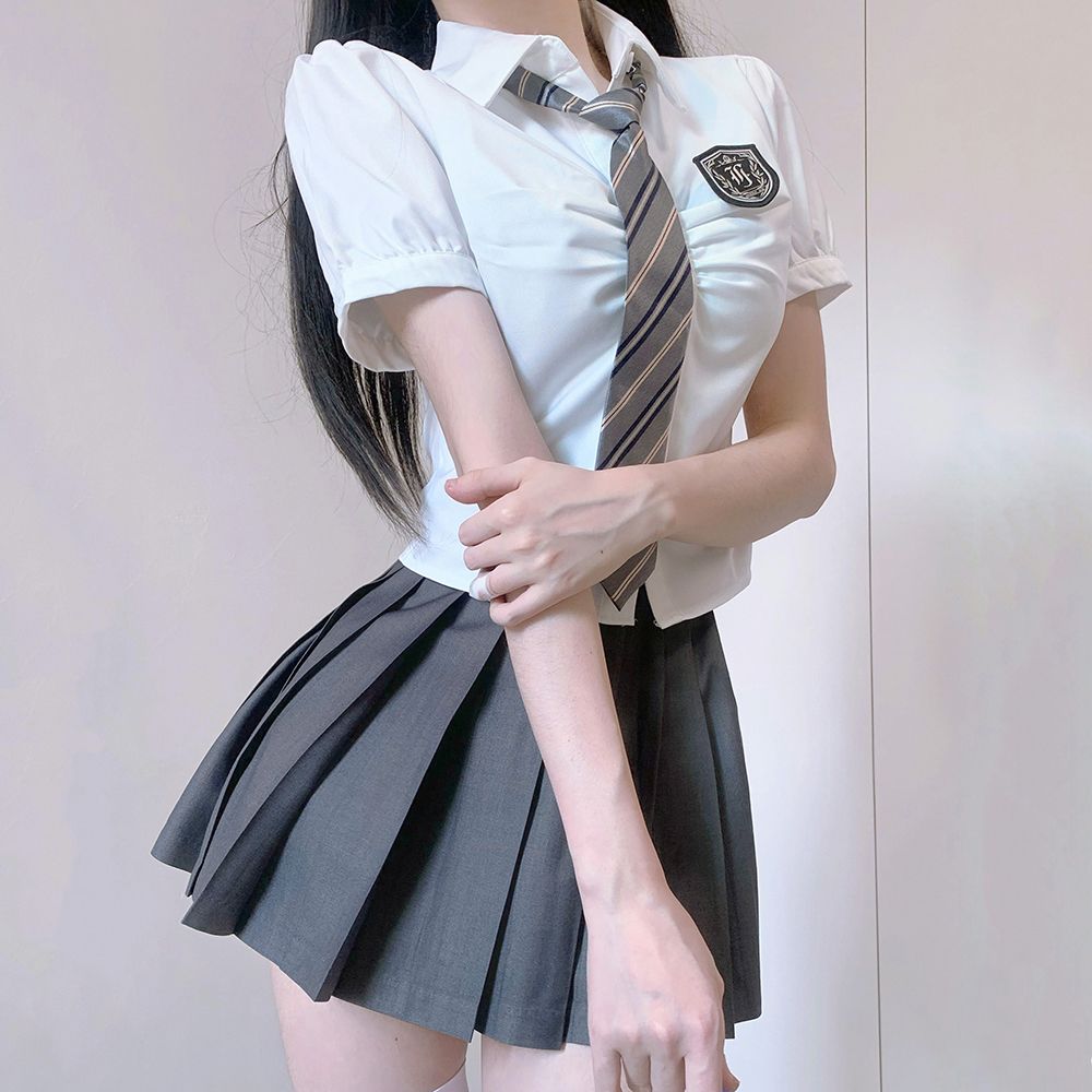 织野鹿jk制服学院风日系校供感收腰白衬衫长短袖百褶裙制服套装