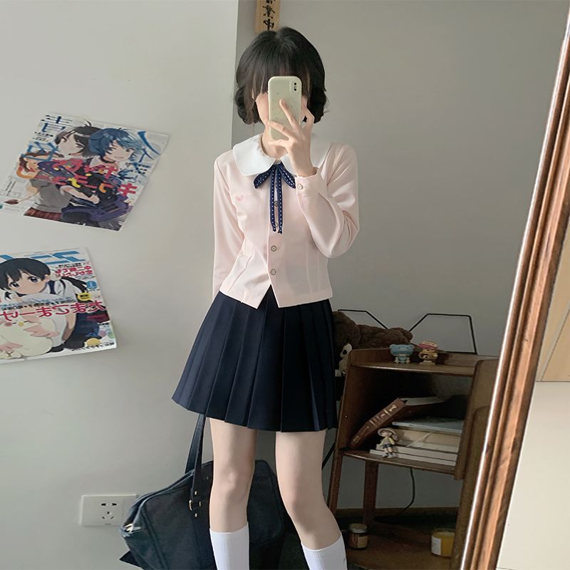 【椿日高衬衫】原创JK圆领学院风修身长袖夏秋女百褶裙甜美套装