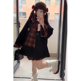 扶光 JK制服萌款披肩围巾黑红格纹拼接毛呢外套+红格纹短半裙套装
