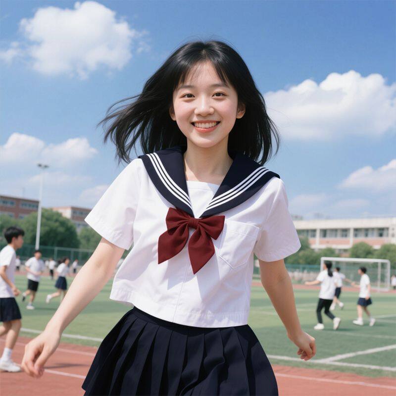 甜美少女JK制服水手服白三本短袖上衣深色百褶裙可爱领结学院套装
