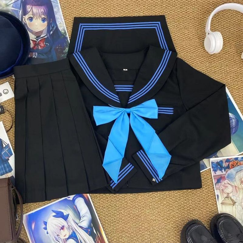 兔言舍原创JK制服正版日系改良蓝三本水手服不良学院风中间服长袖