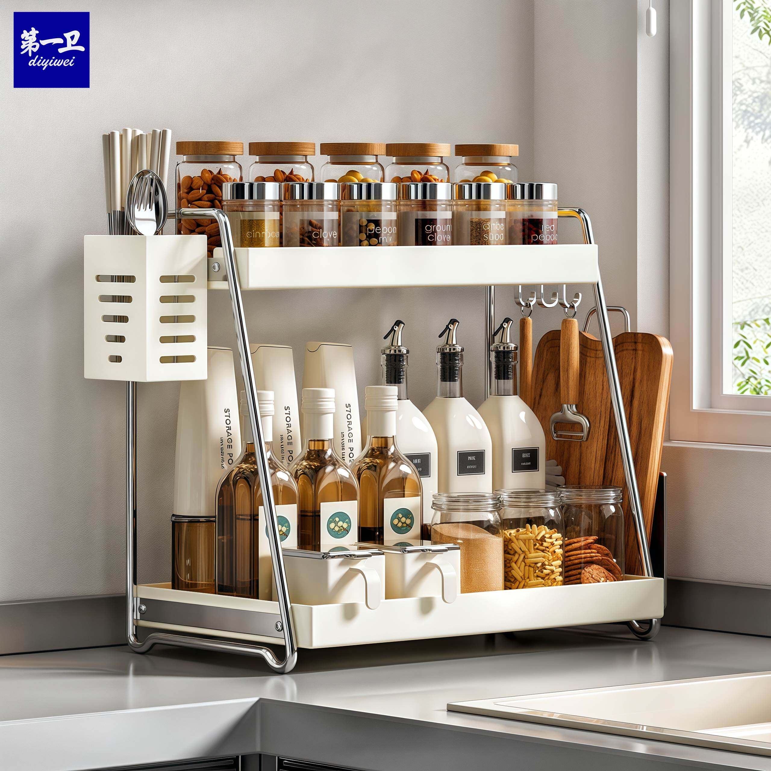 厨房不锈钢调味料置物架双层家用台面调味品油盐酱醋多功能收纳架