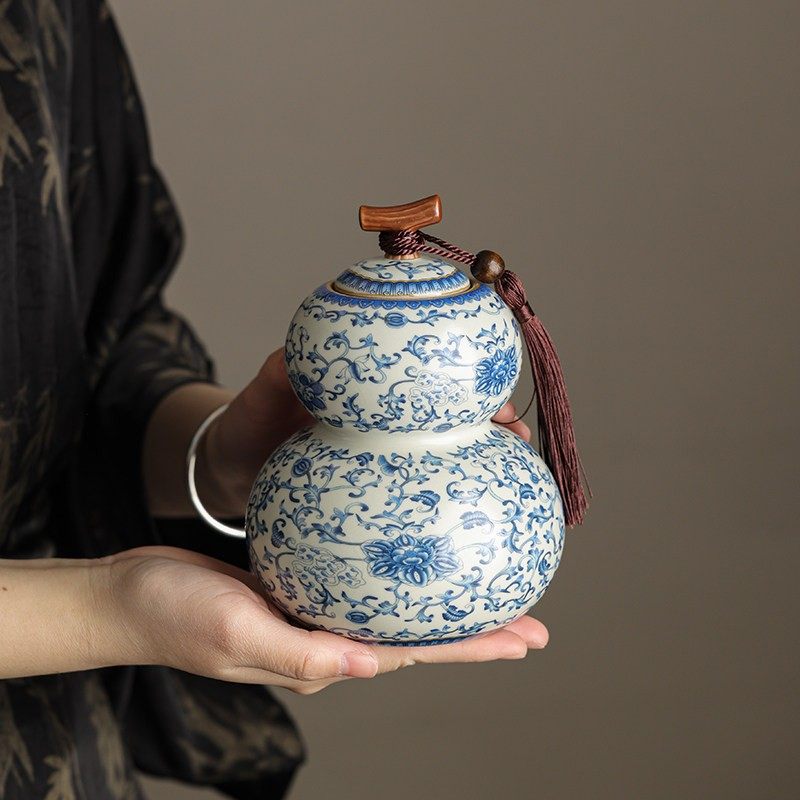 青花汝窑陶瓷茶叶罐精品高档大号葫芦普洱茶防潮罐中式密封储存罐,餐饮具,茶叶罐,淘宝优惠券,粉丝福利购,淘宝优惠卷