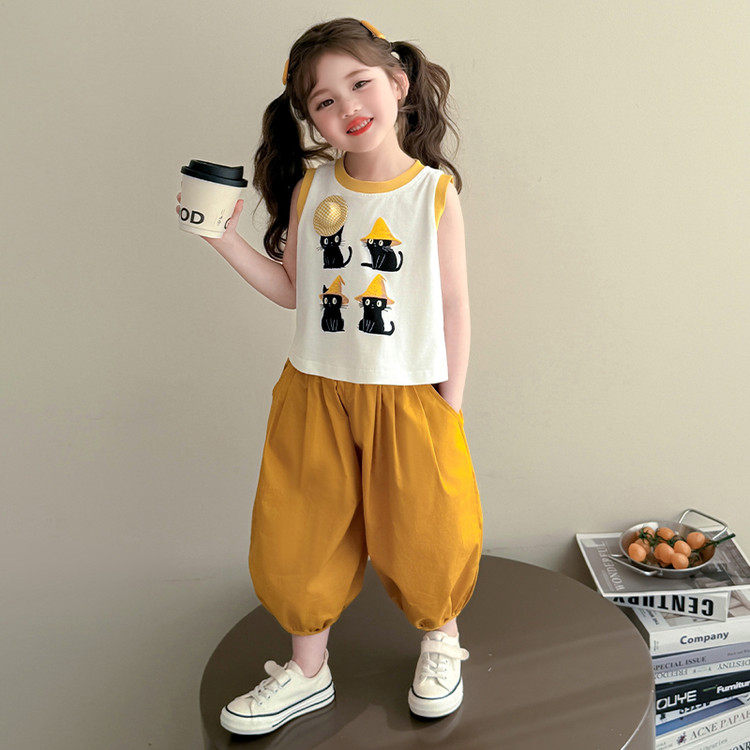 女童运动套装夏季小童女宝帽子小猫背心防蚊灯笼裤两件套可爱洋气