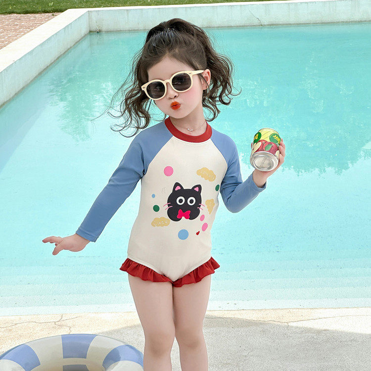 儿童泳衣速干女童女宝防晒温泉沙滩度假连体长袖游泳装小童2026夏