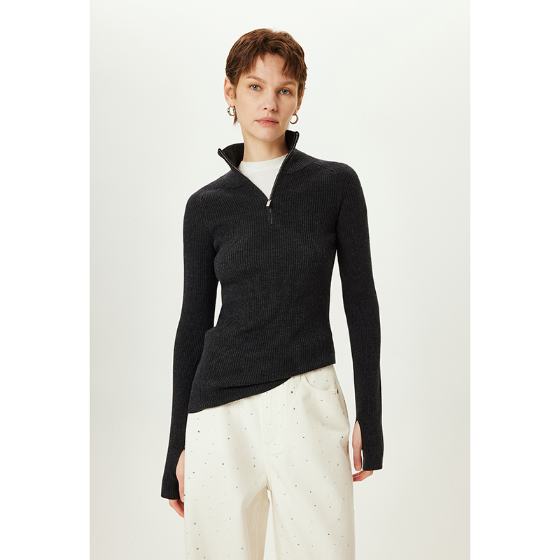 25德国BIELLA可水洗羊毛拇指袖修身弹力显瘦拉链领针织打底衫毛衣