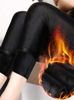 光泽裤打底裤女大码秋冬外穿紧身显瘦高腰加厚加绒女裤踩脚一体裤