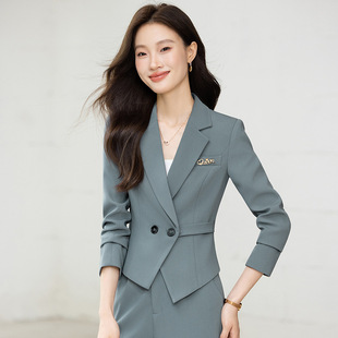 灰色短款显瘦修身长袖小西装领外套女裤子两件套装秋冬季新款通勤